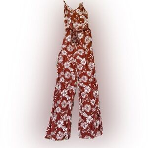 SO Rust Floral Wide-Leg Tie-Waist Jumpsuit